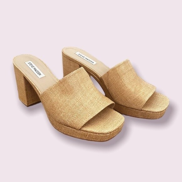 Steve Madden Elda Heels Beige Tweed Square Open Toe Sandals Y2K Womens Size 9.5 - Picture 1 of 8